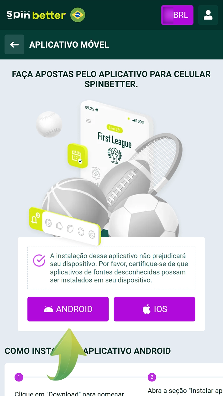 No site oficial do Spinbetter, clique no botão Aplicativo móvel com o ícone do Android.