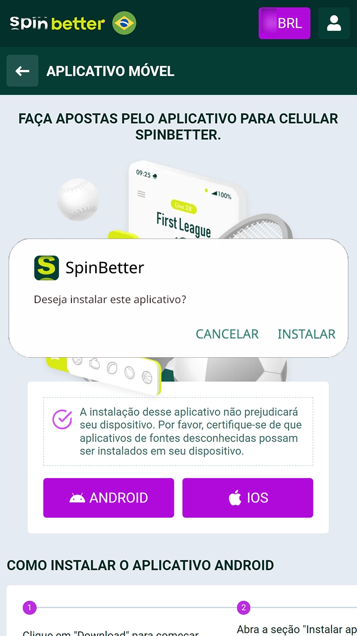 Comece a baixar o aplicativo Spinbetter em seu telefone.