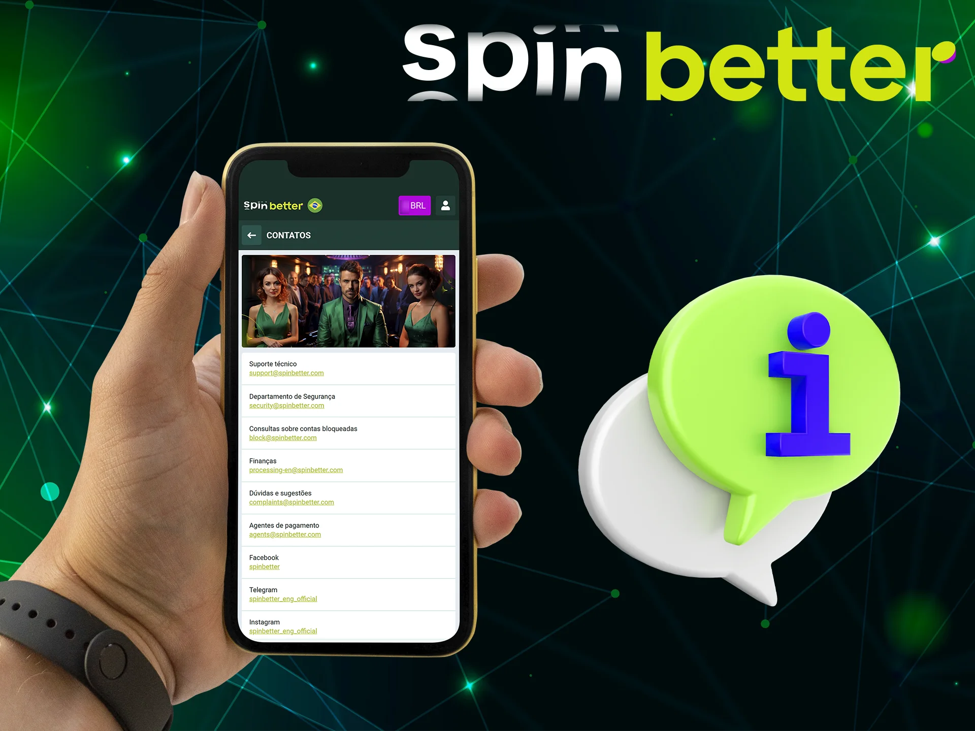 Se tiver algum problema, entre em contato com o suporte da Spinbetter de uma das três maneiras.