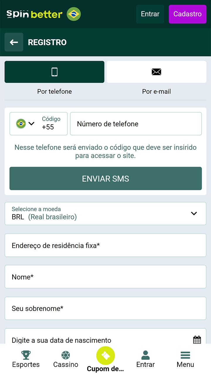 Se você não tiver uma conta, registre-se no site do Spinbetter.