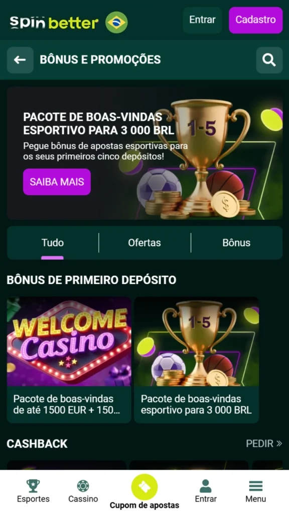 Aproveite os bônus exclusivos disponíveis no app oficial da Spinbetter.
