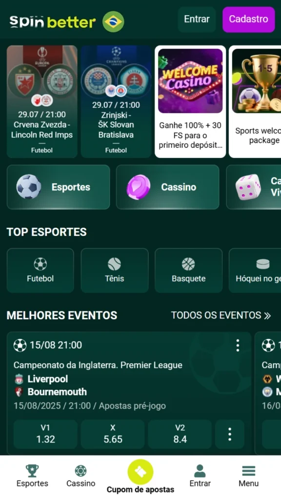 Explore o aplicativo oficial da Spinbetter com acesso rápido a todas as seções principais.