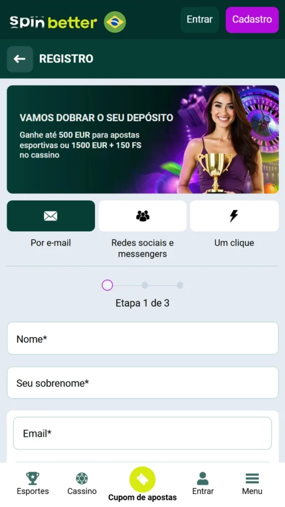 Complete seu cadastro na Spinbetter em poucos passos direto pelo aplicativo oficial.