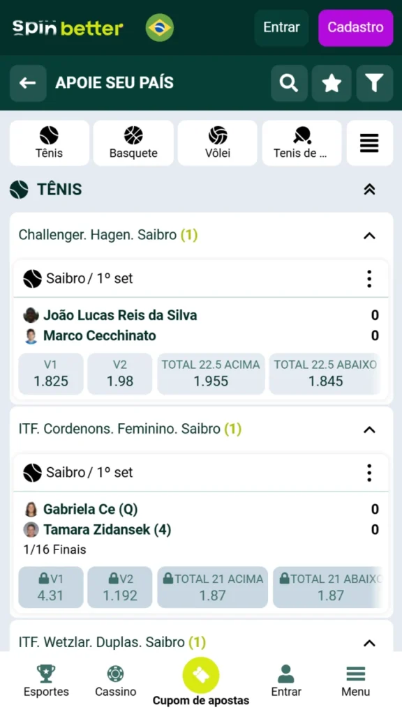 Faça apostas esportivas ao vivo e pré-jogo no aplicativo da Spinbetter.