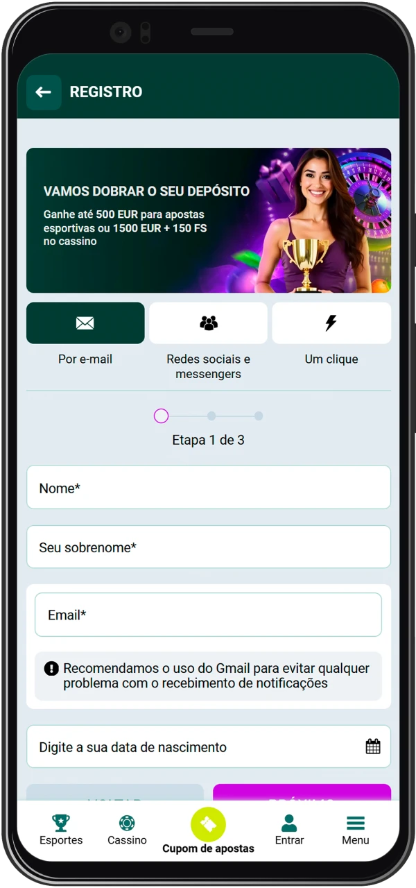 Tela de registro do aplicativo Spinbetter com campos para nome, e-mail e senha.
