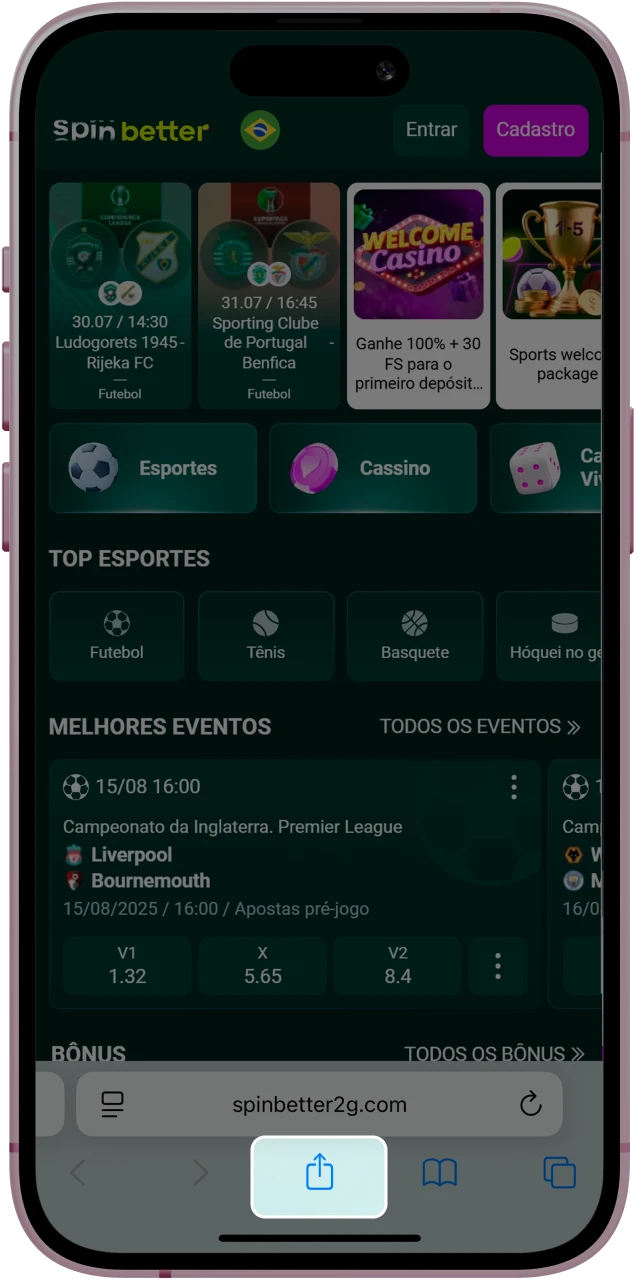 Abra o menu de compartilhamento no Safari para continuar a instalação do app da Spinbetter.