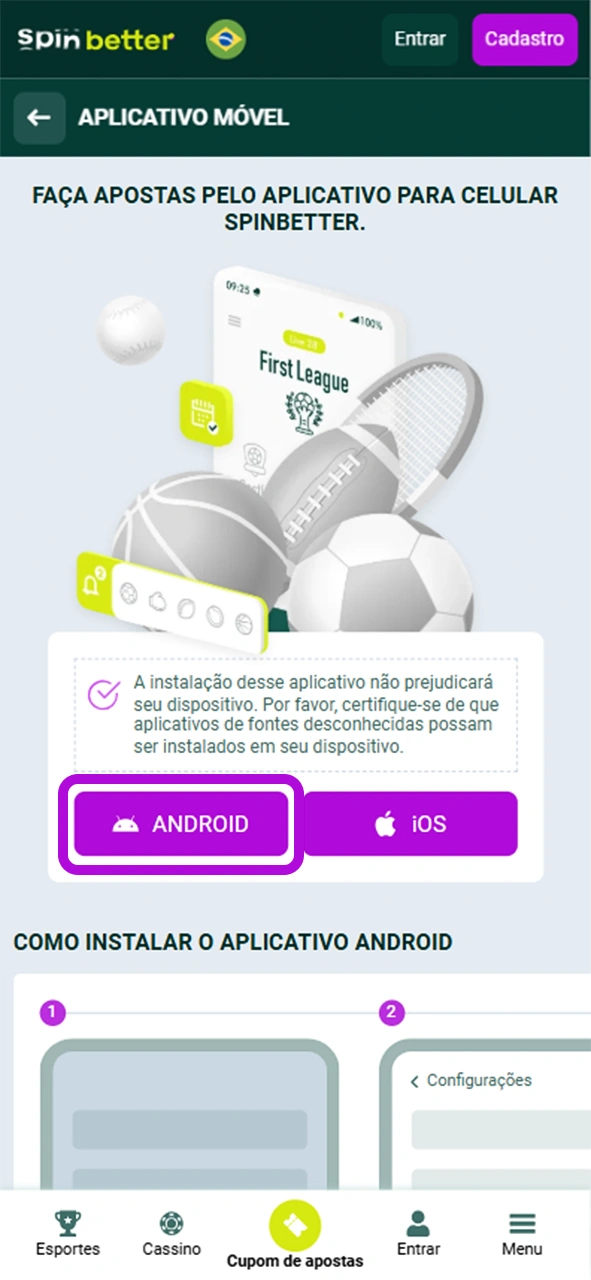 Acesse a página do aplicativo SpinBetter para encontrar o arquivo APK para Android.