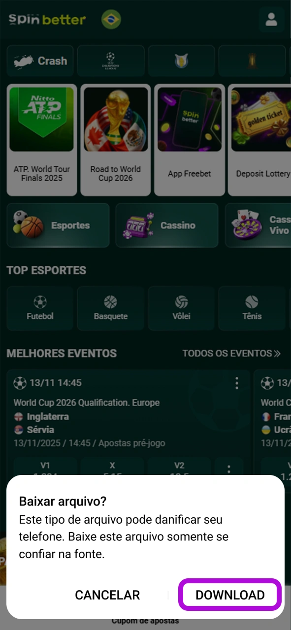 Clique no botão de download para obter o arquivo APK do SpinBetter.
