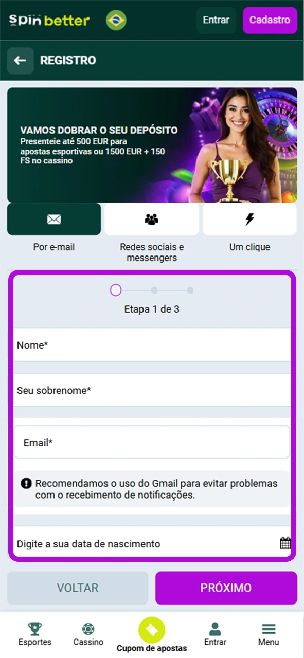 Crie uma conta para acessar os recursos do SpinBetter.